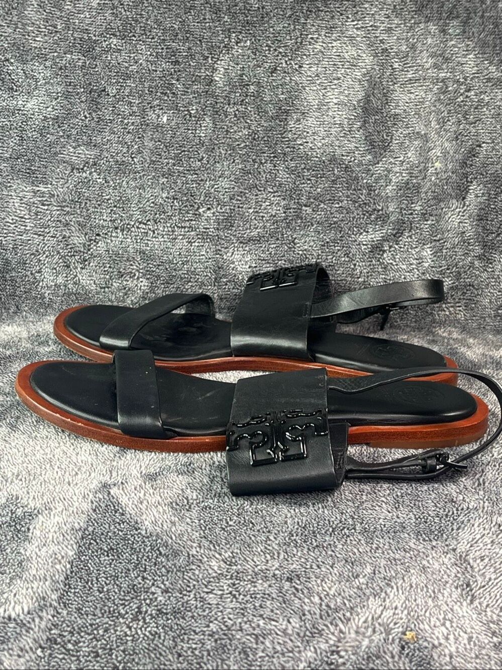 Tory Burch Black Leather Double T Logo Ankle Strap Slingback Flat Sandals 7M